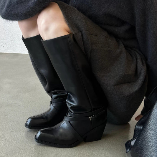 Women's Sheepskin Korean Style Black Thigh Highs Motorcycle Belt Buckle Women's Leather Boots