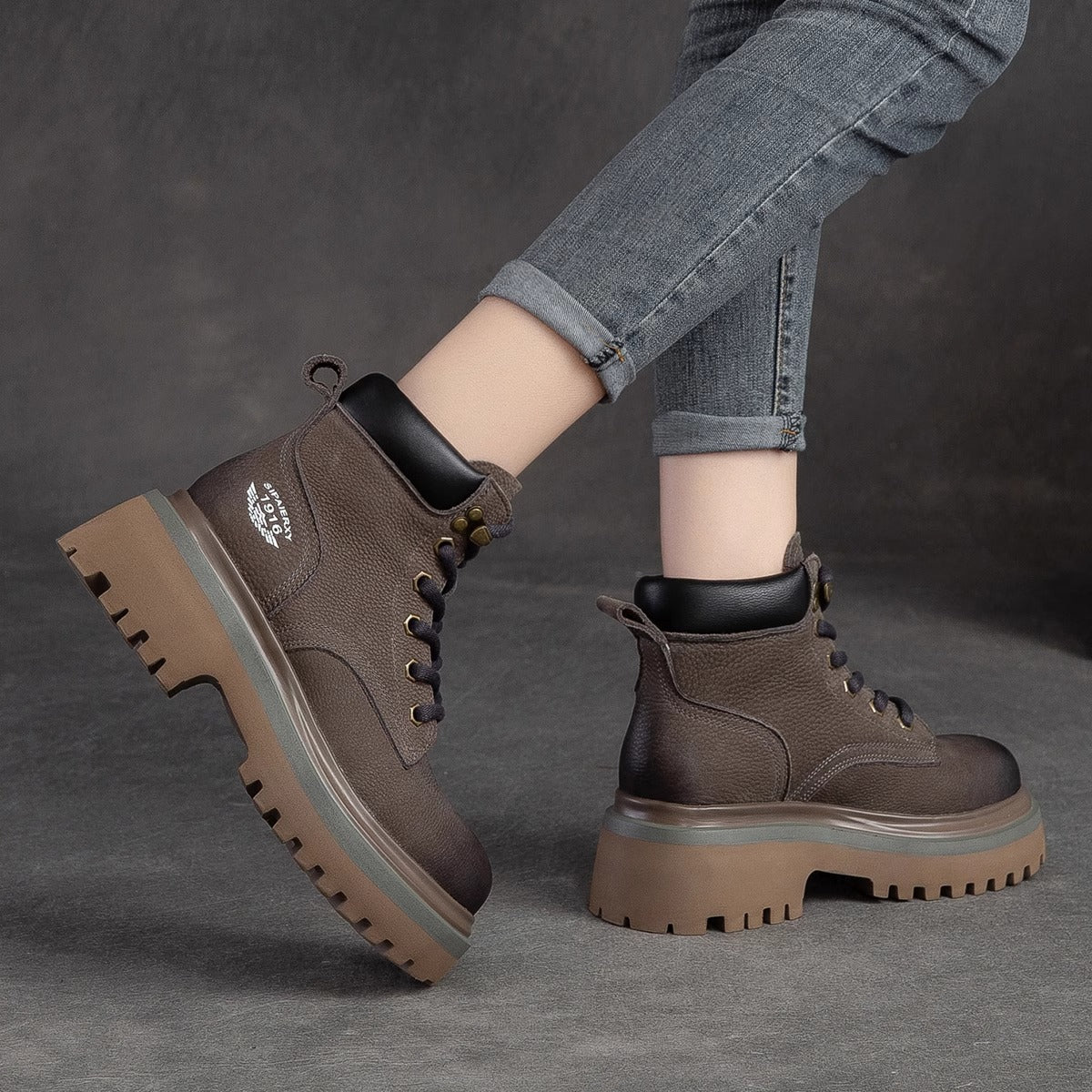 Women's Genuine Thick-soled British Style Martin Cowhide High Worker Vintage Fleece-lined Women's Leather Boots