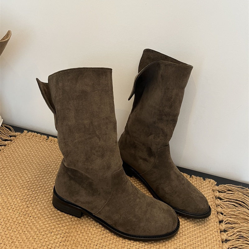 Thick Low Knight Korean Style Fashionable Round Toe Women's Leather Boots