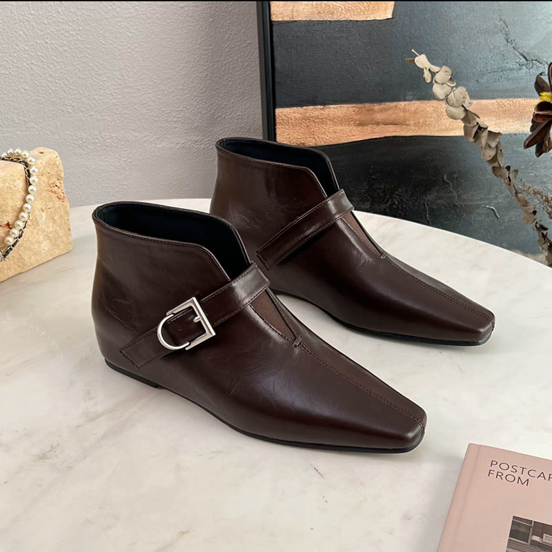 Inner Height Increasing Female Square Toe Small Versatile Slimming British Women's Leather Boots