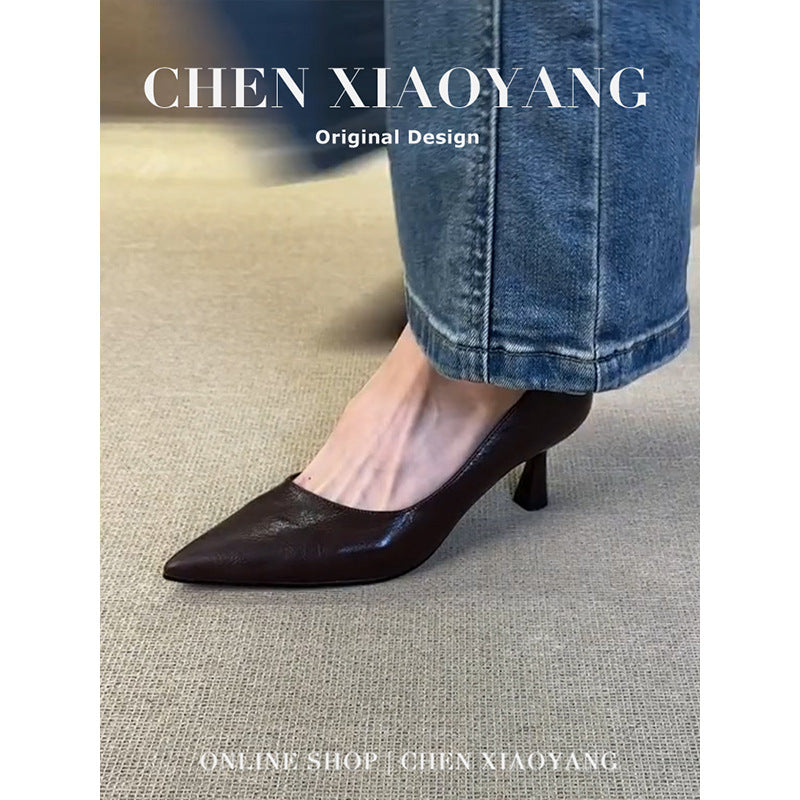 Women's Cowhide Version Black High Female Cat French Mid Professional Women's Shoes