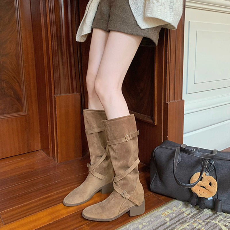 Large Long Leg Tip Round Head Cross With Thick High Boots