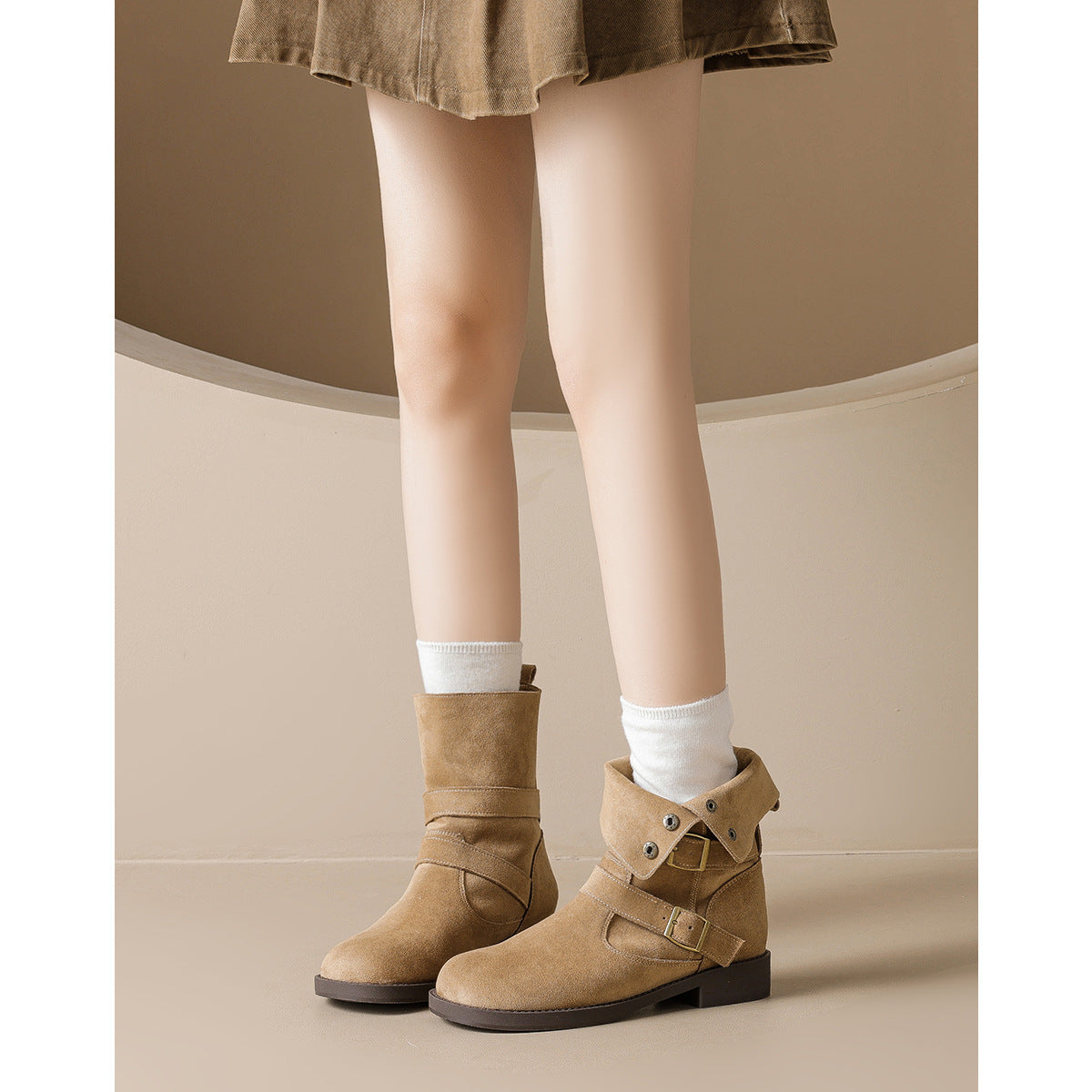 Belt Buckle Platform Ankle Female Retro Women's Leather Boots