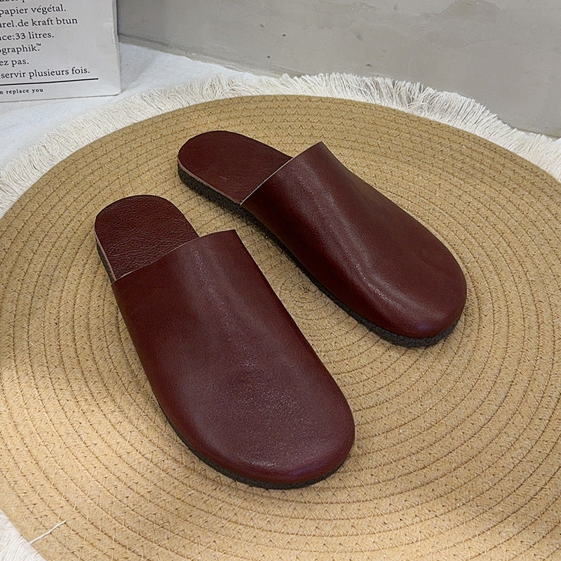Women's Summer Fashion Round Toe Bottom Top Layer Cowhide Retro Closed Flat Slippers