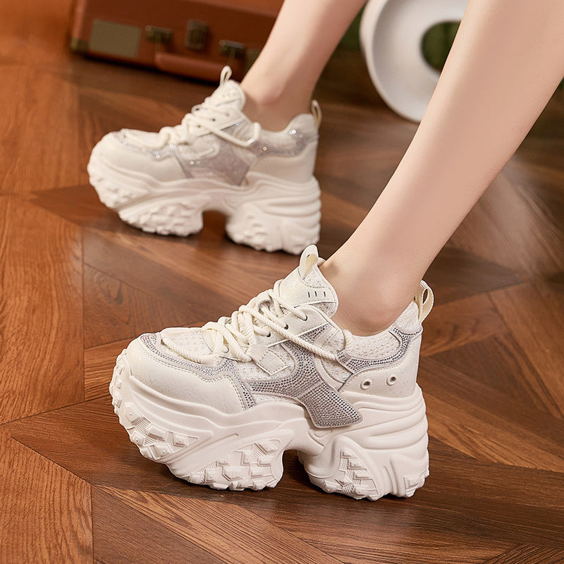 Women's Dad Small Rhinestone Platform Height Increasing Women's Sports Shoes