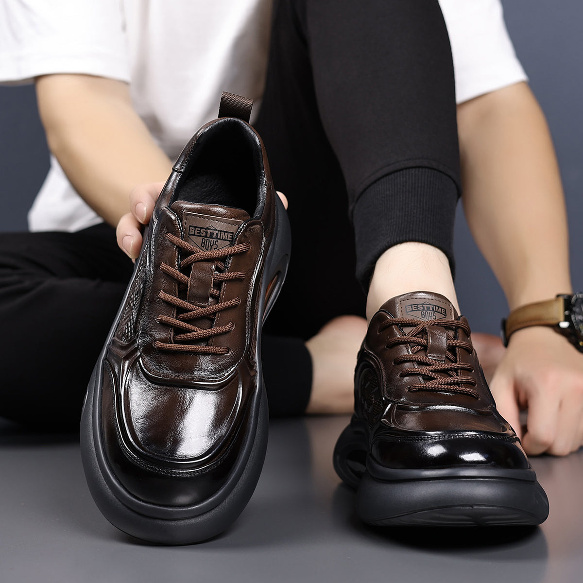 Men's First Layer Cowhide Thick Sole Increased Lightweight Pumps Trendy Sneakers