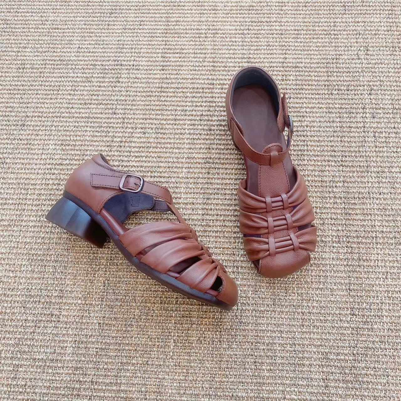 Women's Head Low-cut Top Layer Cowhide Thick Women's Shoes