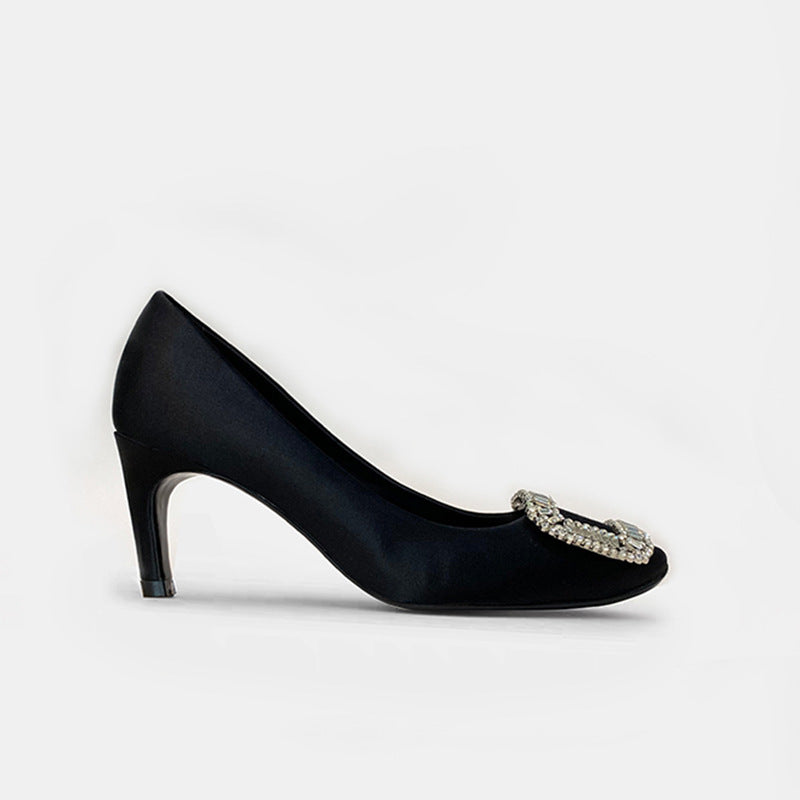 Women's Rhinestone Square Buckle Round Toe Satin Shallow Women's Fashion Shoes