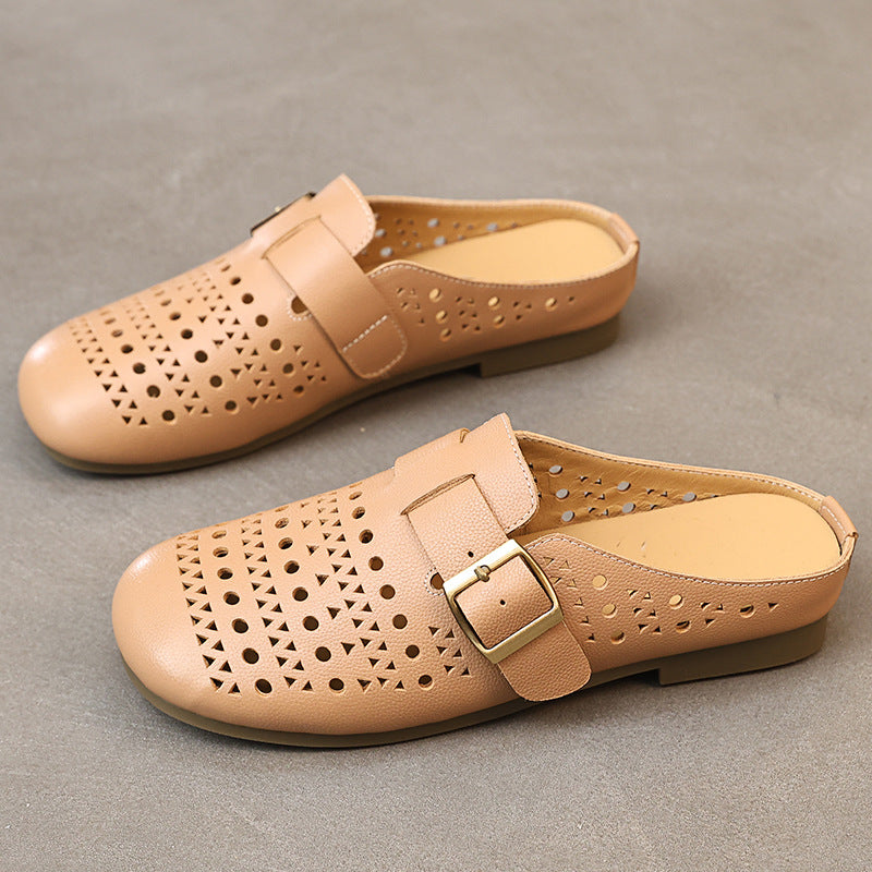 Women's First Layer Cowhide Flat Soft Bottom Breathable Summer Hole Genuine Women's Casual Shoes
