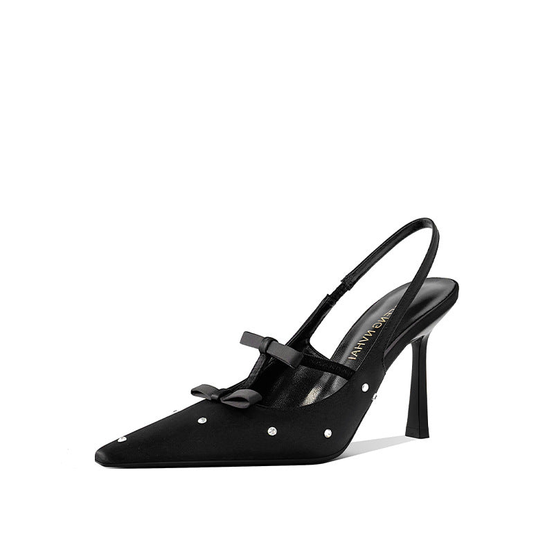Design Rhinestone Bow Sexy Black Stiletto Square Toe Beautiful Heels