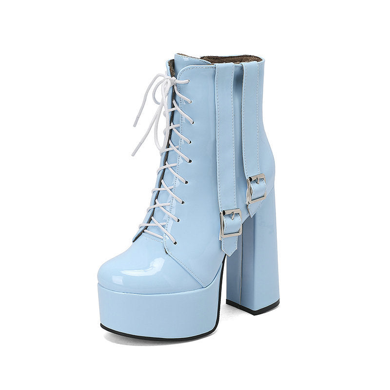 Women's Short Patent Round Head Thick Bottom Super High Front Martin Women's Leather Boots