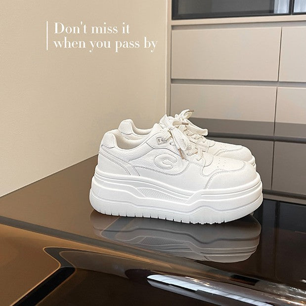 Women's Sheepskin Uncle's Thick-soled Light White Spring Sneakers