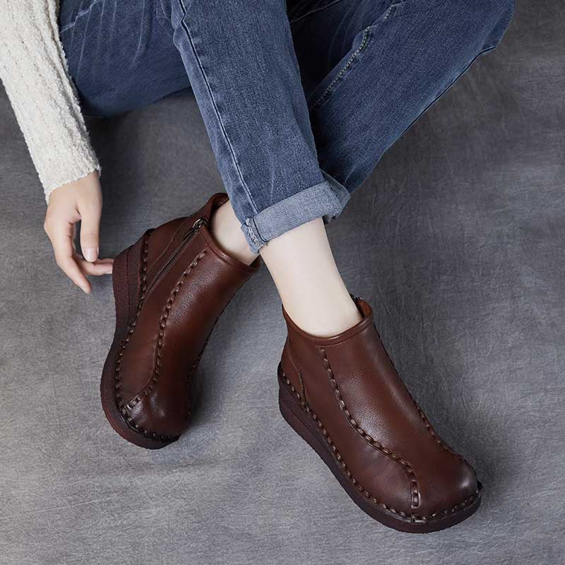Women's National Style Vintage Soft Bottom Wedge Short Thick Mid Women's Leather Boots