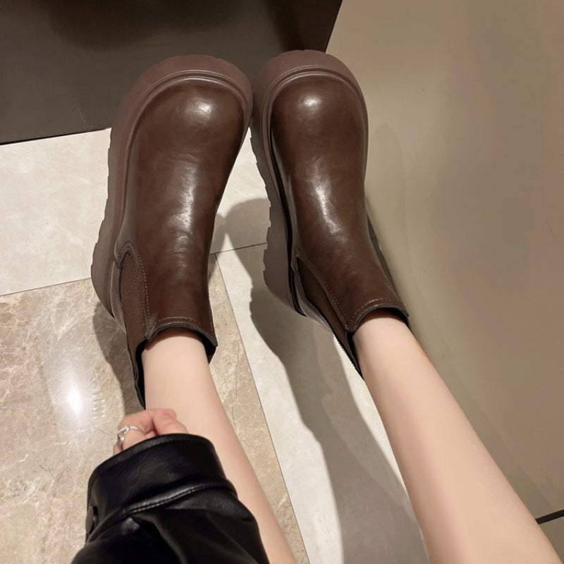 Women's Smoke Pipe Platform Chelsea Martin British Style Short Height Increasing Women's Leather Boots