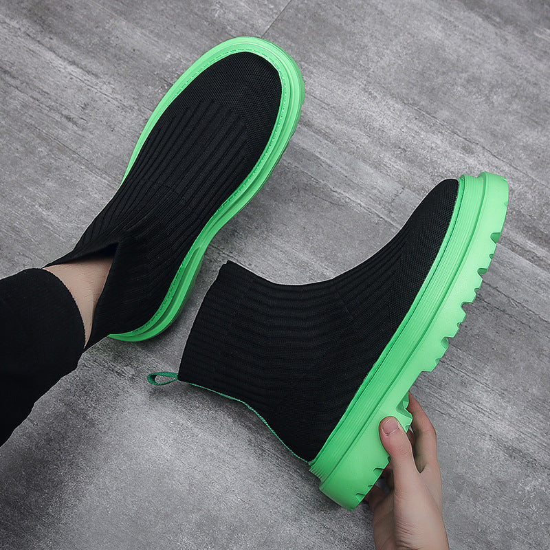 Men's Breathable Black Knitted Ankle Fluorescent Green Casual Shoes