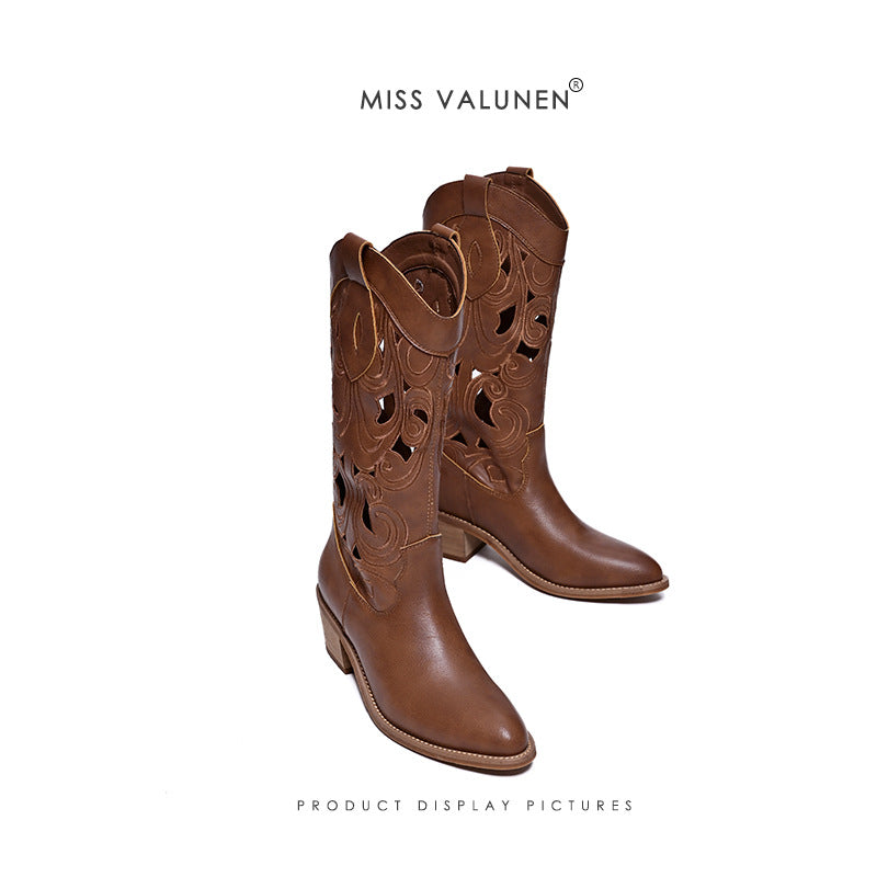 Women's Summer Hollow Out Western Cowboy Vintage Women's Leather Boots