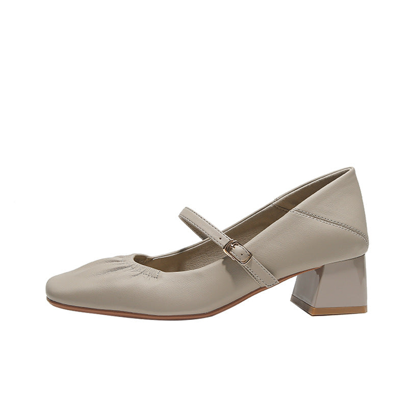 Women's Sheepskin Chunky Pumps Buckle Mary Jane Women's Fashion Shoes
