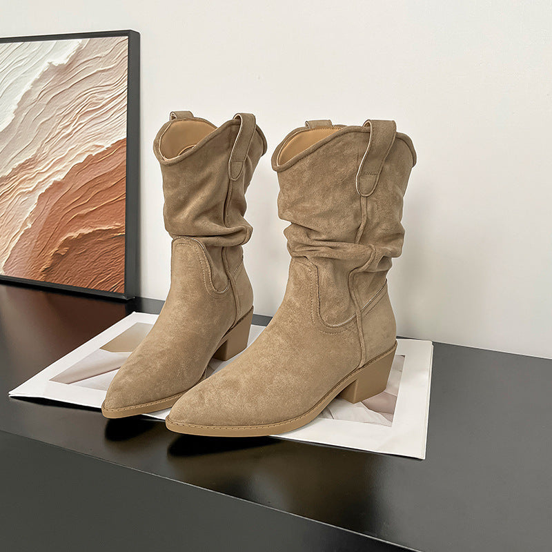 Women's Vintage Suede Pointed Toe Pile Style Short For V Cut Women's Leather Boots