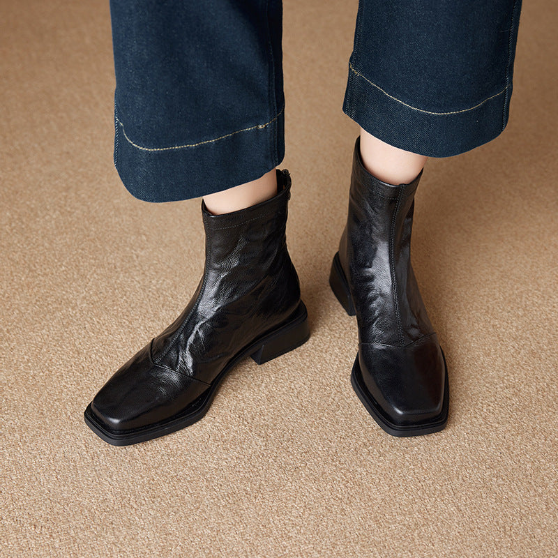 Women's Cowhide Square Toe Booties Fashion Vintage Crumpled Rear Zipper Martin Boots
