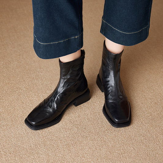 Women's Cowhide Square Toe Booties Fashion Vintage Crumpled Rear Zipper Martin Boots