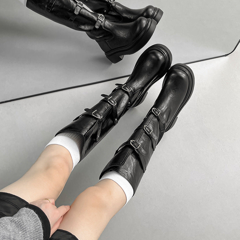 Long Female Thick Bottom Chunky Tall Martin Women's Leather Boots