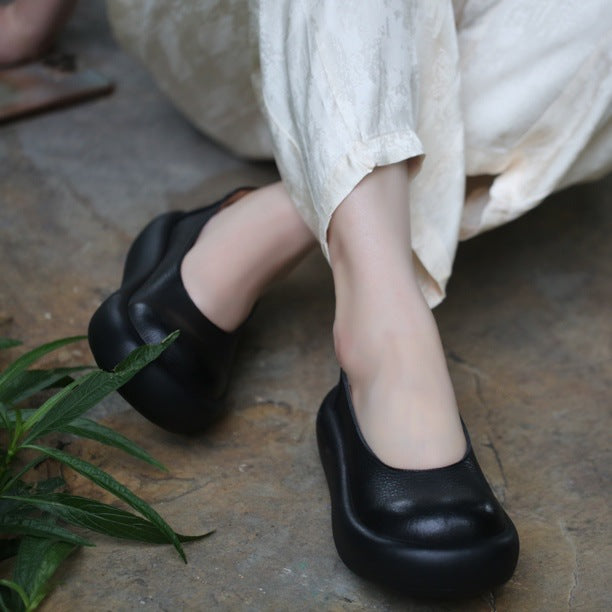 Women's Layer Cowhide Round Mouth Pumps Soft Back Thick Feet Platform Sandals