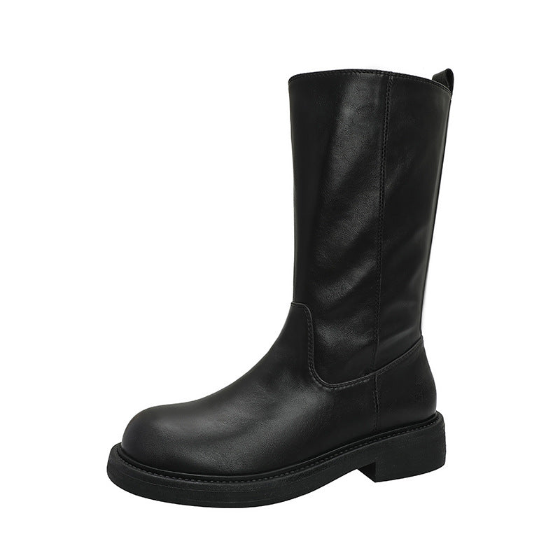 Women's Middle Thick Bottom Round Head Pleated Soft Increased Below The Women's Leather Boots