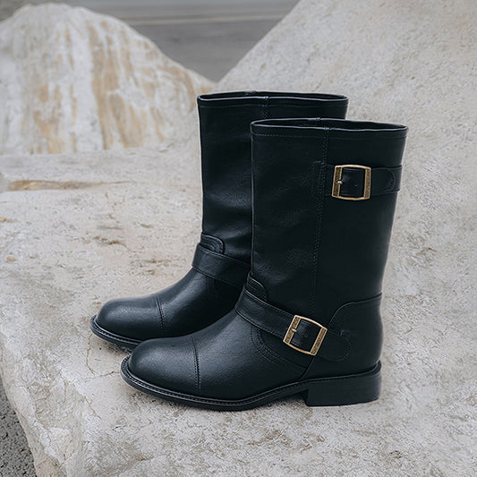 Women's Chunky Retro Wide Tube Middle Riding Belt Women's Leather Boots