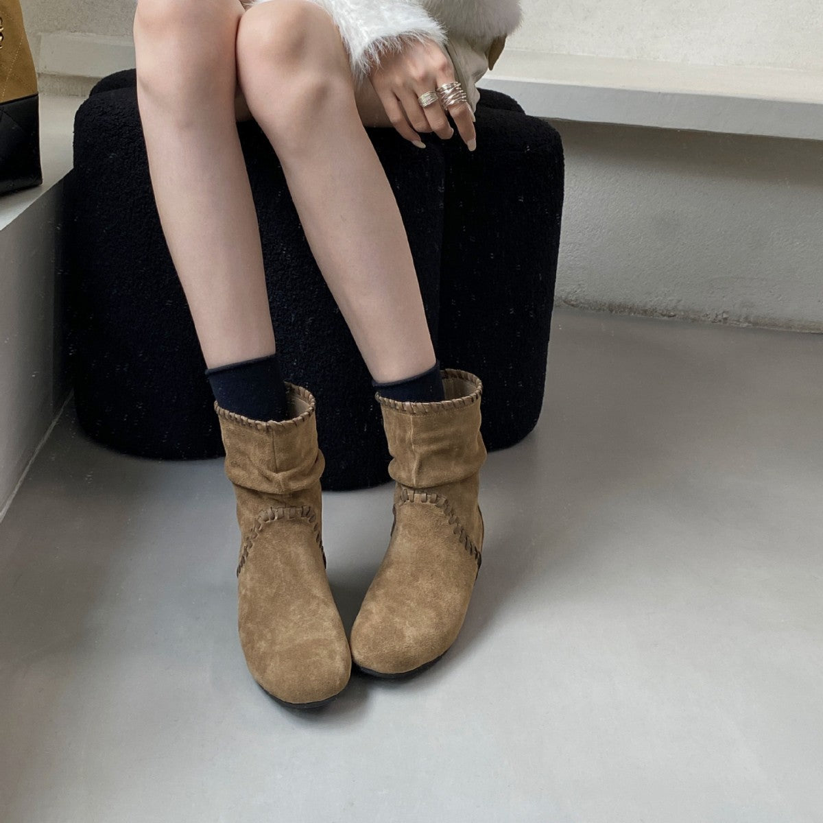 Women's Height Increase Wedge Woven Suede Round Toe Low-cut Thin Martin Boots