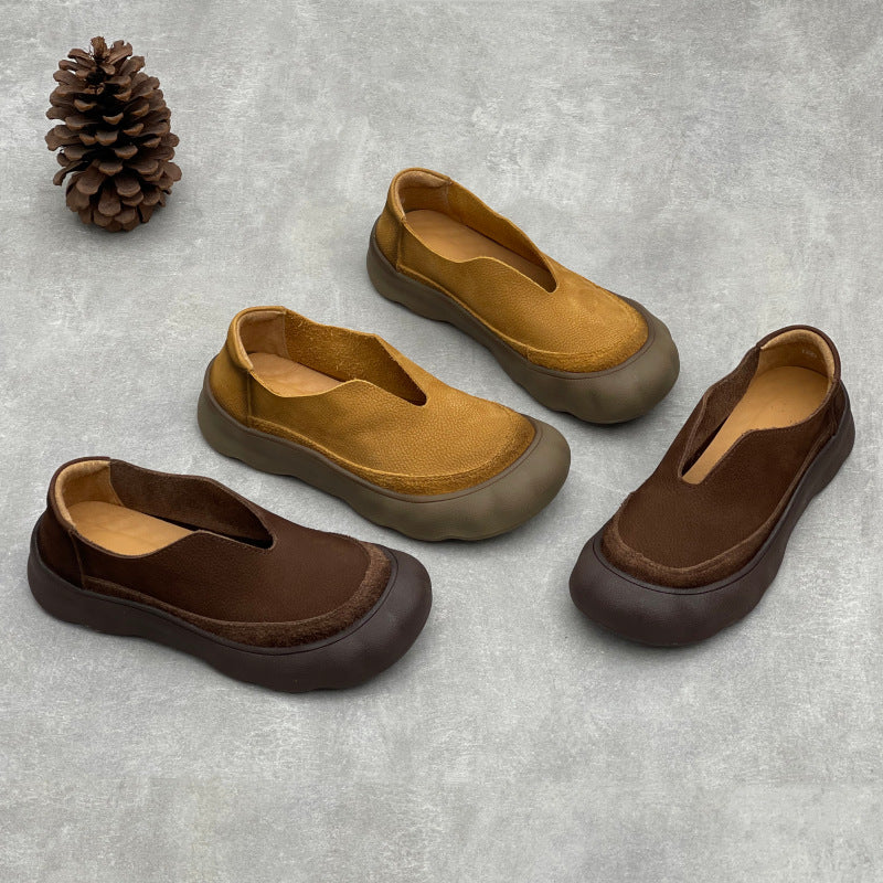 Women's Retro Handmade Genuine Pumps Big Head Thick Bottom Leather Shoes