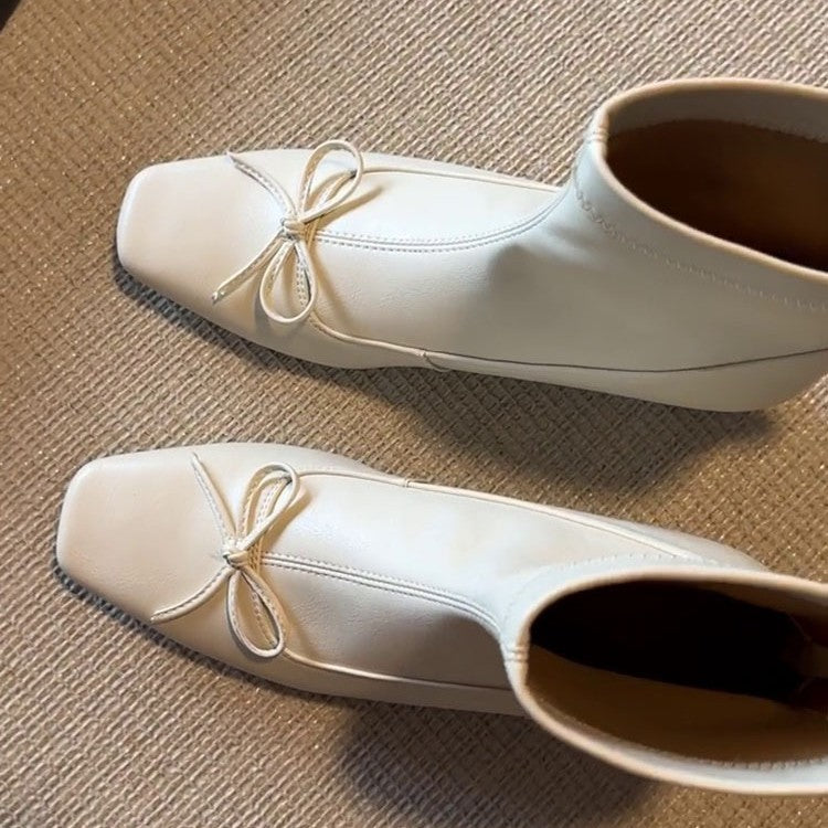 Women's Height Increasing Insole Niche Stretch Thin Ballet Style French Bow Women's Leather Boots