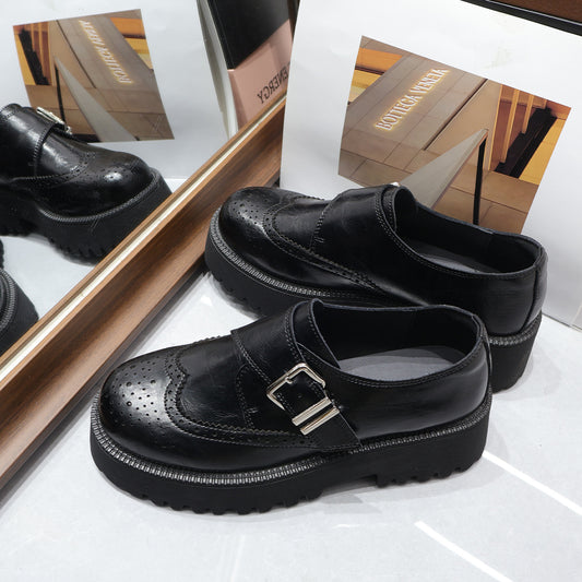 Women's Vintage Engraving Belt Buckle Pumps Thick Bottom Loafers