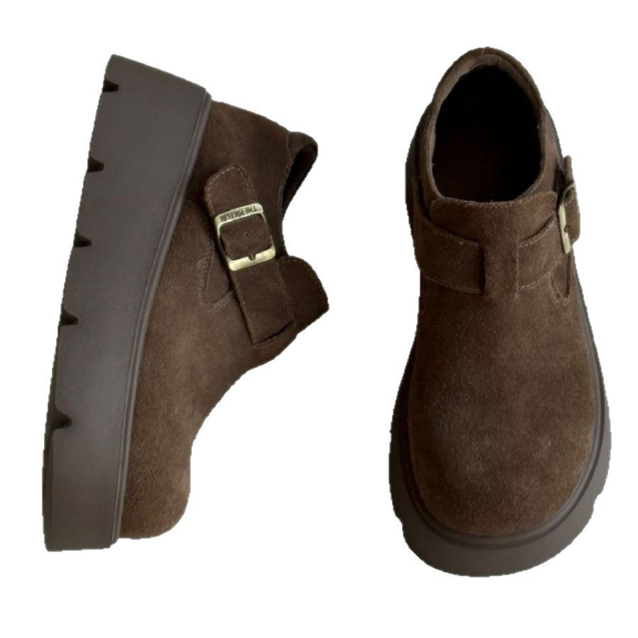 Women's Cowhide Platform Round Head Small Muffin Bottom Increased Women's Casual Shoes