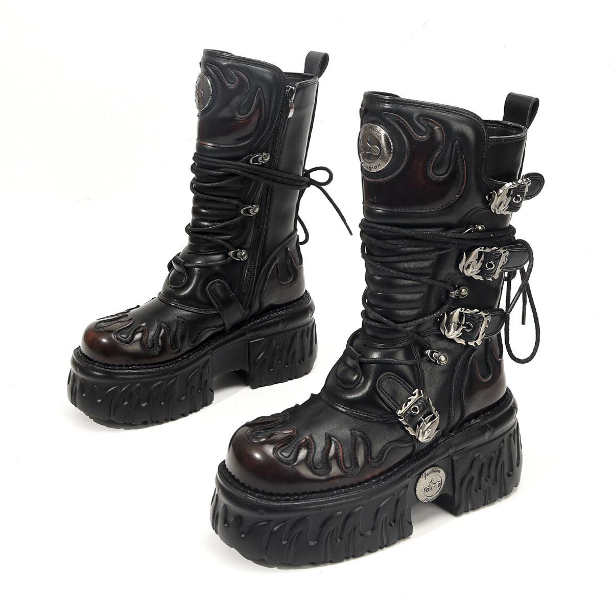 Brushed Dark Punk Metal Tank Thick Bottom Side Zipper Gothic Women's Leather Boots