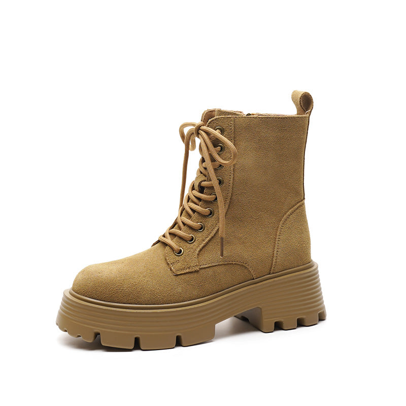 Thick Bottom Female Fleece-lined British Style Retro Round Women's Leather Boots
