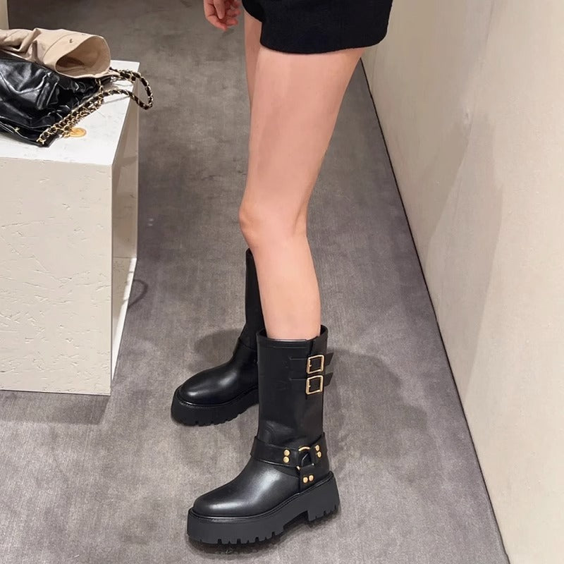 Women's Martin Buckle Knight Thick-soled Western Middle Boots
