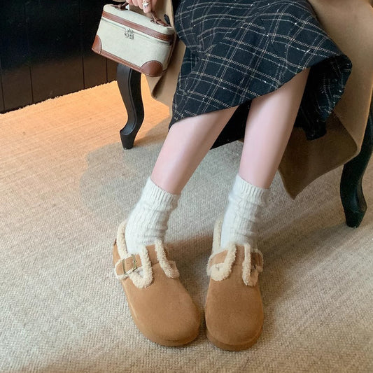 Women's Cowhide Version Fleece-lined Winter Mori Style Retro Round Women's Shoes