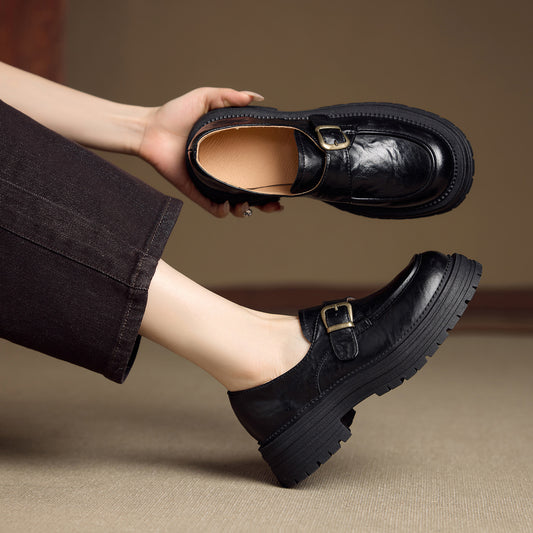 Buckle Thick-soled British Style Vintage Black One Pedal Single-layer Cowhide Leather Shoes