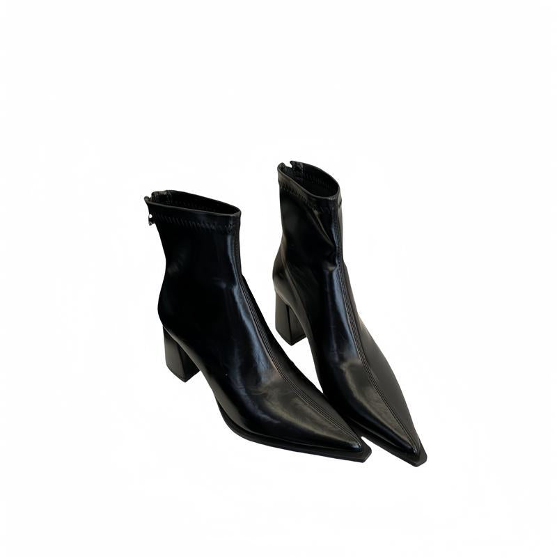 Toe Chunky Booties Female Style Niche High Women's Leather Boots