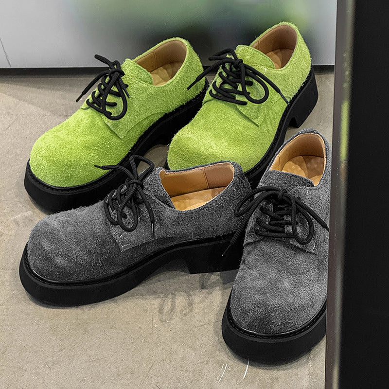 British Style Long Fur Apple Green Leather Shoes