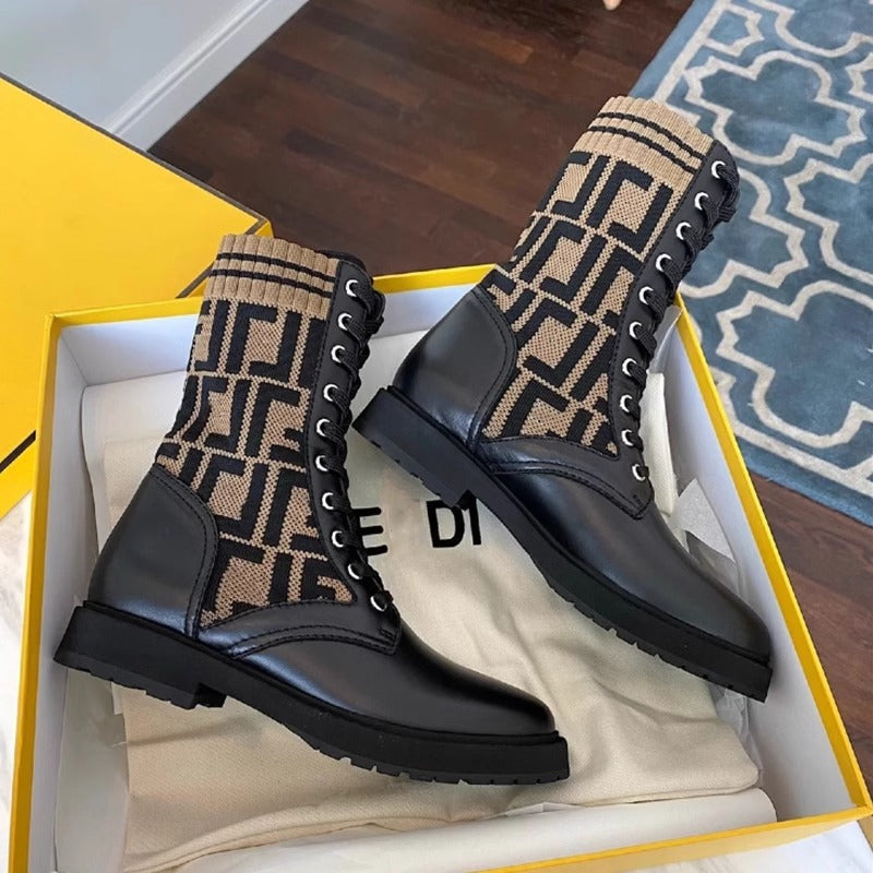 Women's Round Head Chunky Letters Lace Up Elastic Women's Leather Boots