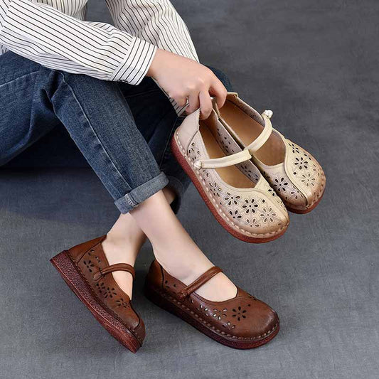 Women's Cowhide Hollow Soft Bottom Ethnic Style Retro Hole Mori Closed Sandals