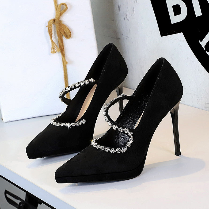 Stiletto Low-cut Suede Waterproof Platform Rhinestone Heels