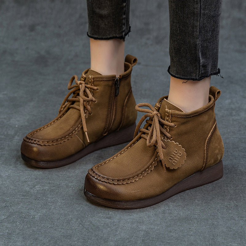 Women's Retro Comfortable Handmade Ankle Flat Platform High Top Low Tube Boots