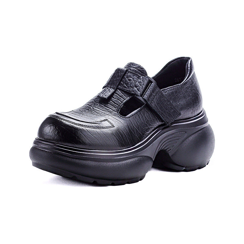 Women's Platform British Style First Layer Cowhide Round Toe Velcro Women's Fashion Shoes