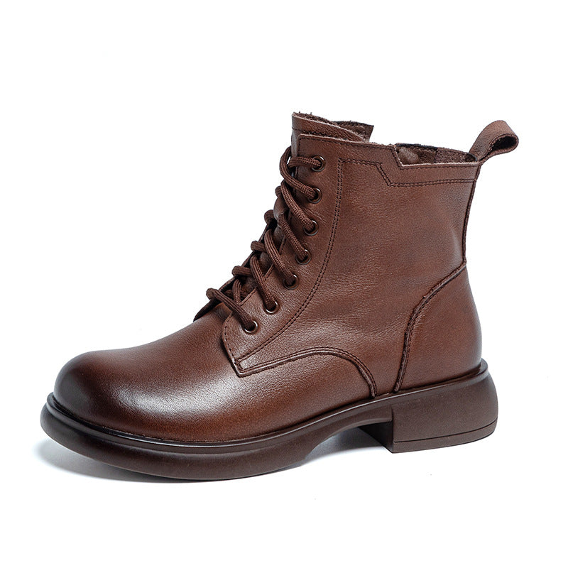 Women's First Layer Cowhide British Style Vintage Martin Fleece-lined Thick Boots