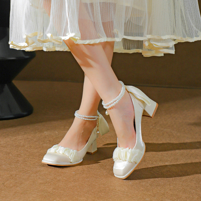 Women's Spring Chunky High Mary Jane Pearl Strap Women's Fashion Shoes