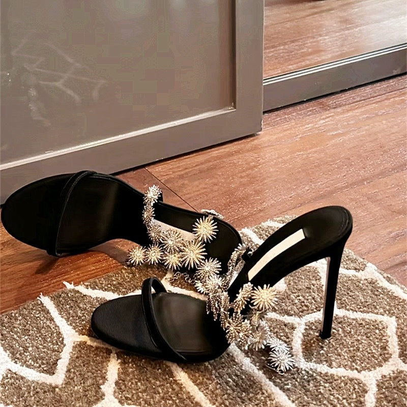 Women's Open Toe Rhinestone Chain Temperament Buckle Sexy High Heeled Sandals