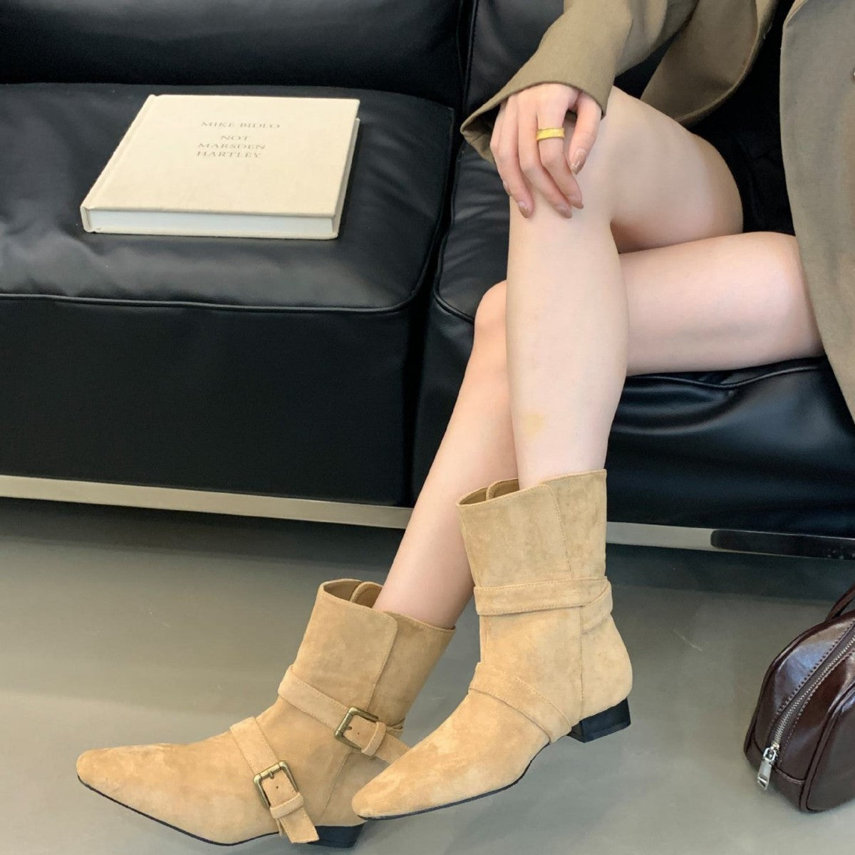 Women's Genuine Suede Retro Square Toe Two-way Chunky Belt Buckle For Women's Leather Boots