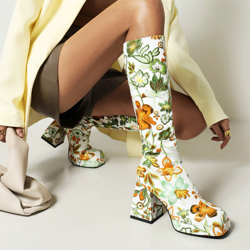 Women's High Leg Embroidered Thick Super Knee-high Long Women's Leather Boots